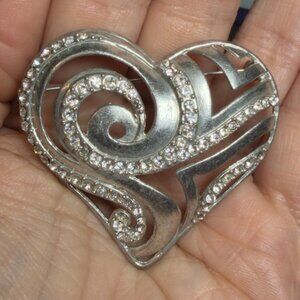 Heart Brooch Rhinestone Swirl Signed AHA 2008 Chico’s Silver Tone 2”